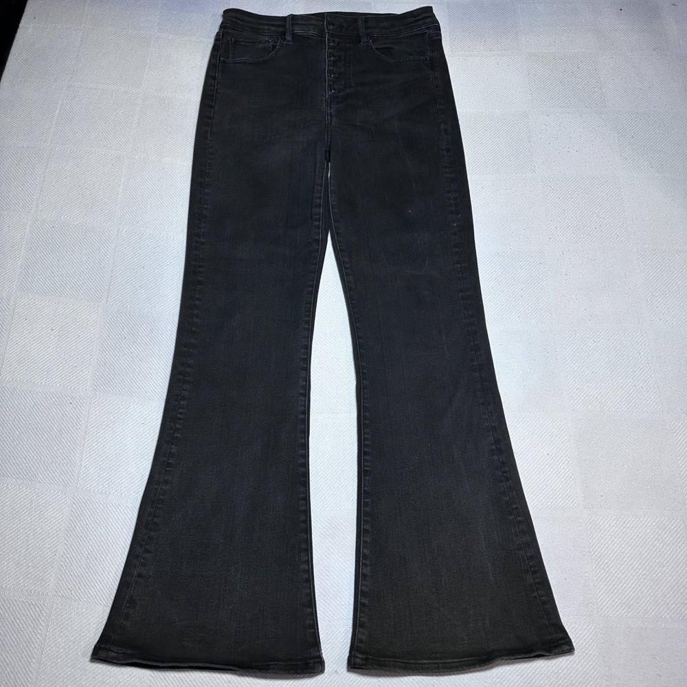 American Eagle Highest Rise Flare Jeans Womens 8 Button Fly Stretch Denim Black‎